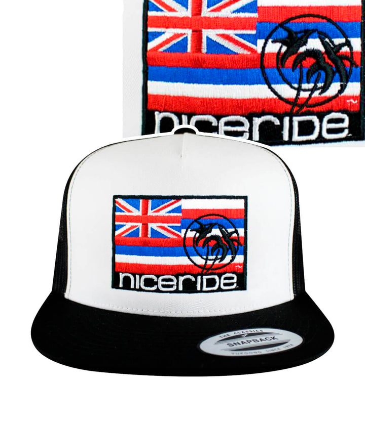 Hawaii Flag Trucker Hat with NICERIDE embroidery and palm logo, designed in the US, showcasing Hawaii colors.