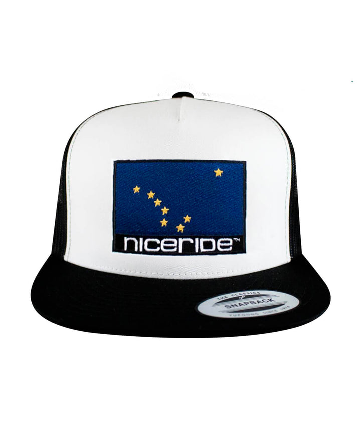 Alaska flag trucker hat with NICERIDE logo, a stylish hat for outdoor enthusiasts.
