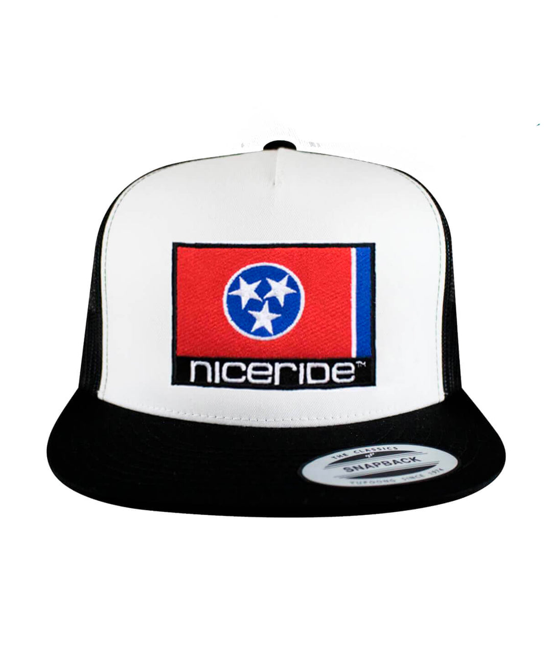 Tennessee Flag Trucker Hat featuring NICERIDE logo and classic palm logo, stylish hat for outdoor activities.