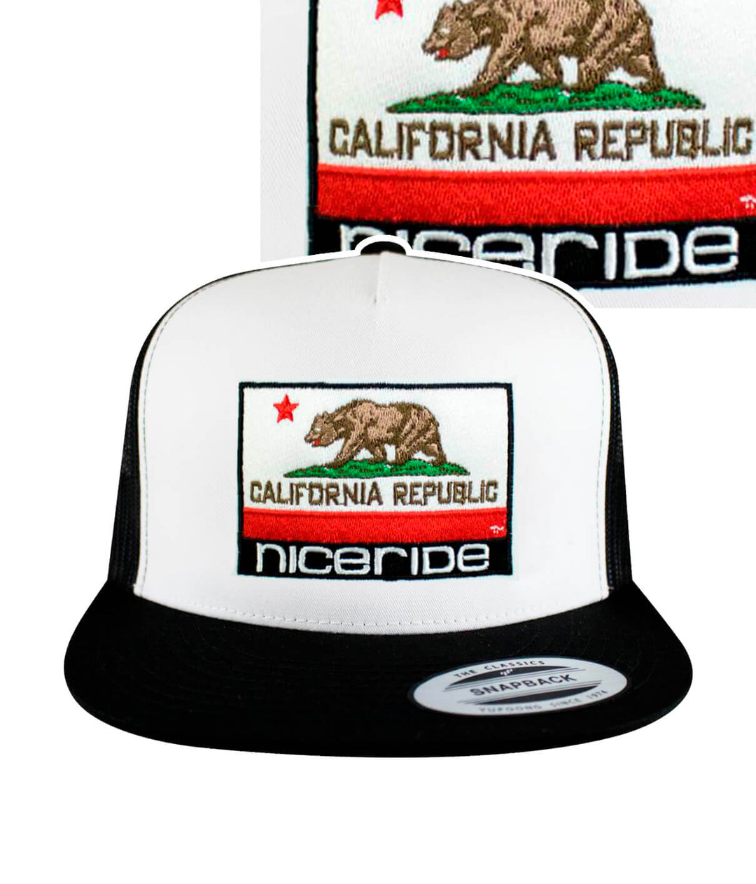 California Flag Trucker Hat with NICERIDE logo and bear design in California colors.