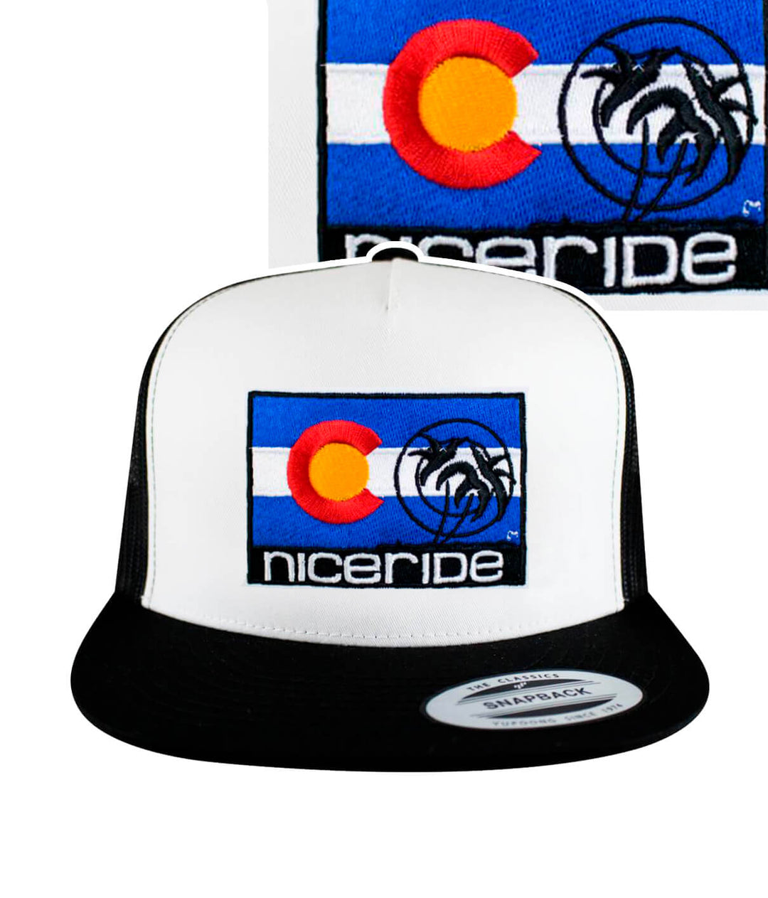 Colorado Flag Trucker Hat featuring NICERIDE and palm logo embroidery on a classic snapback design.