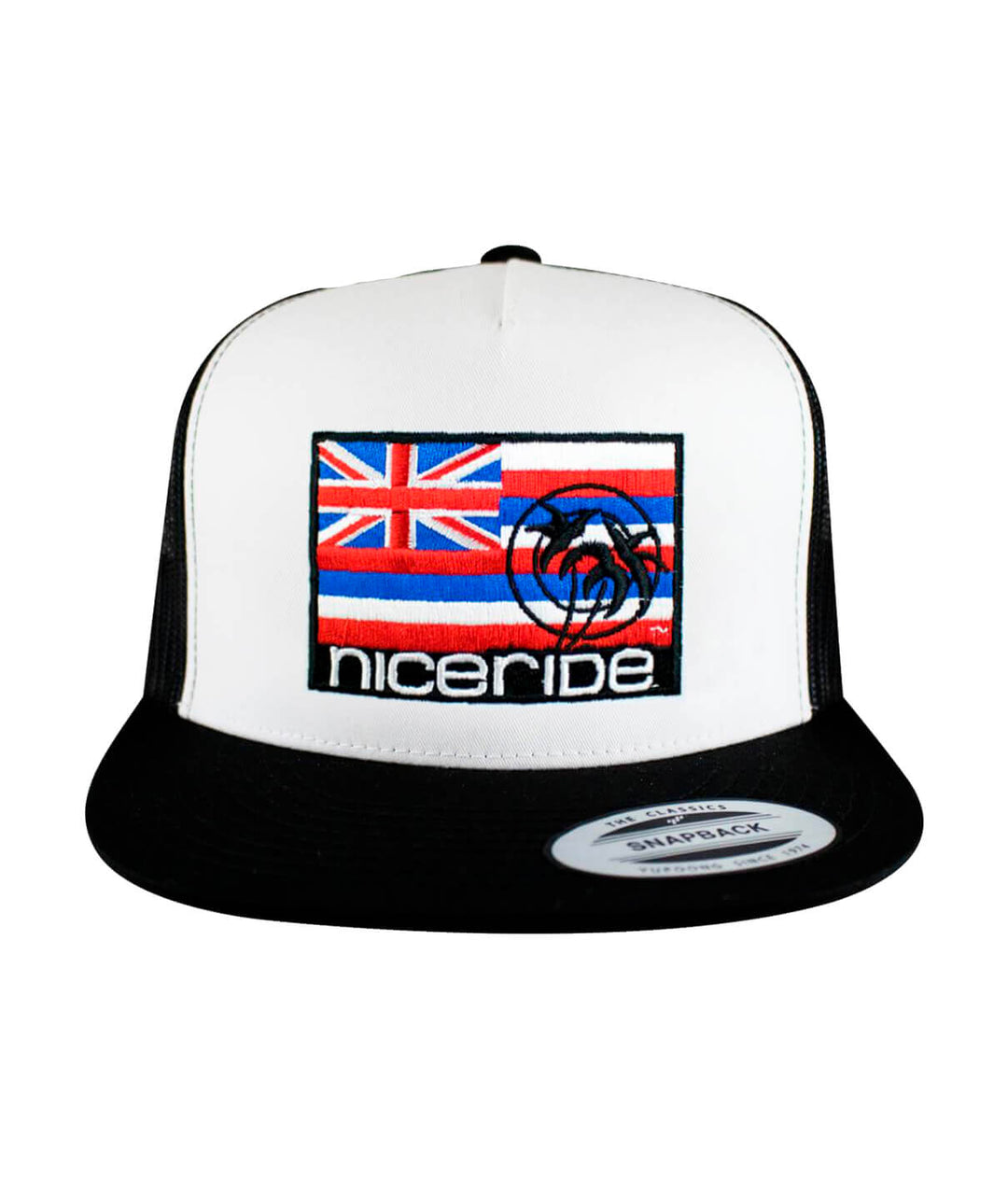 Hawaii Flag Trucker Hat with NICERIDE embroidery and palm logo in Hawaii flag colors.