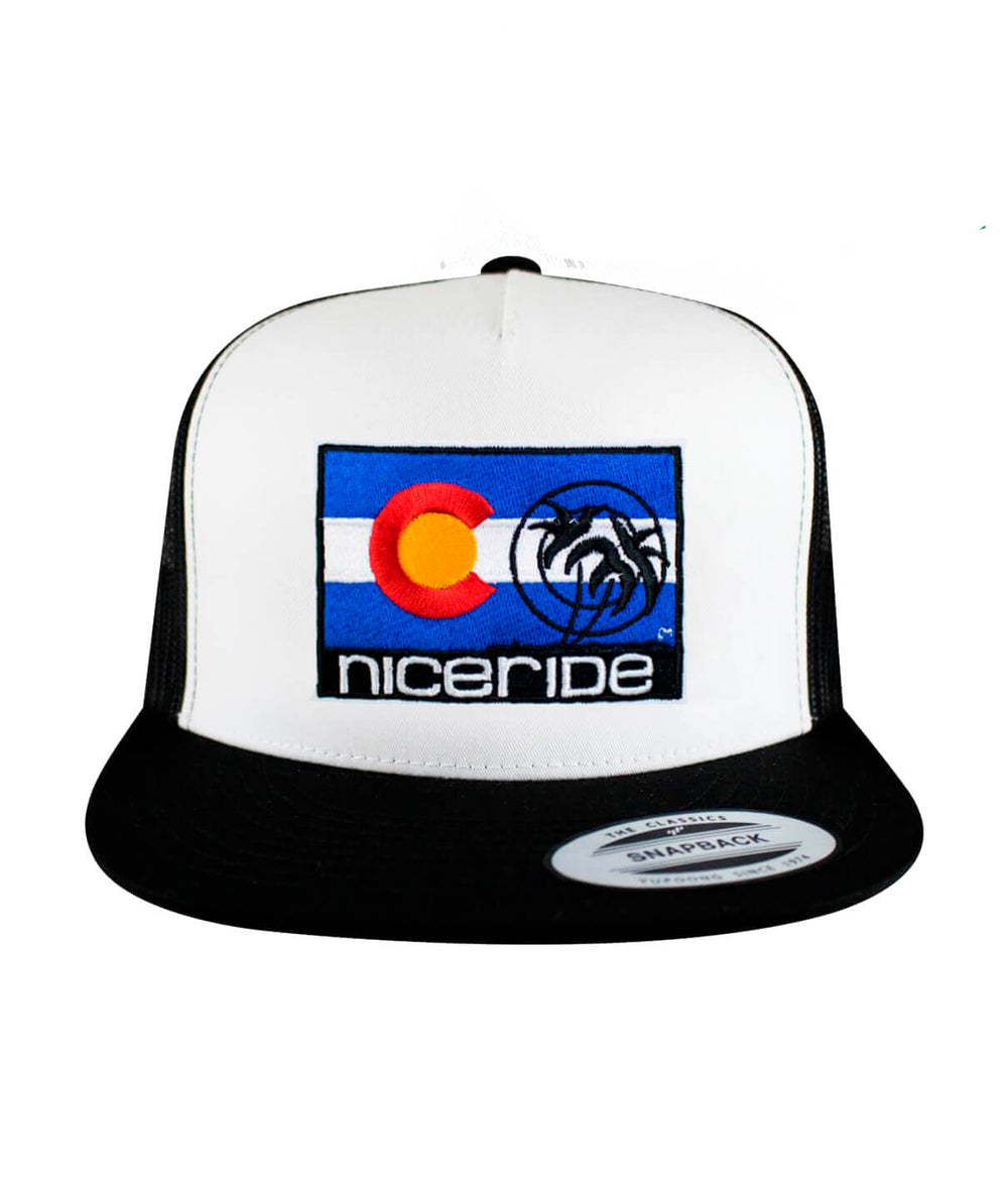 Colorado Flag Trucker Hat with NICERIDE logo, featuring Colorado colors, classic snapback design.