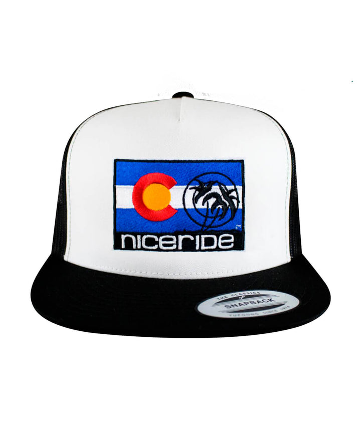 Colorado Flag Trucker Hat with NICERIDE logo, featuring Colorado colors, classic snapback design.