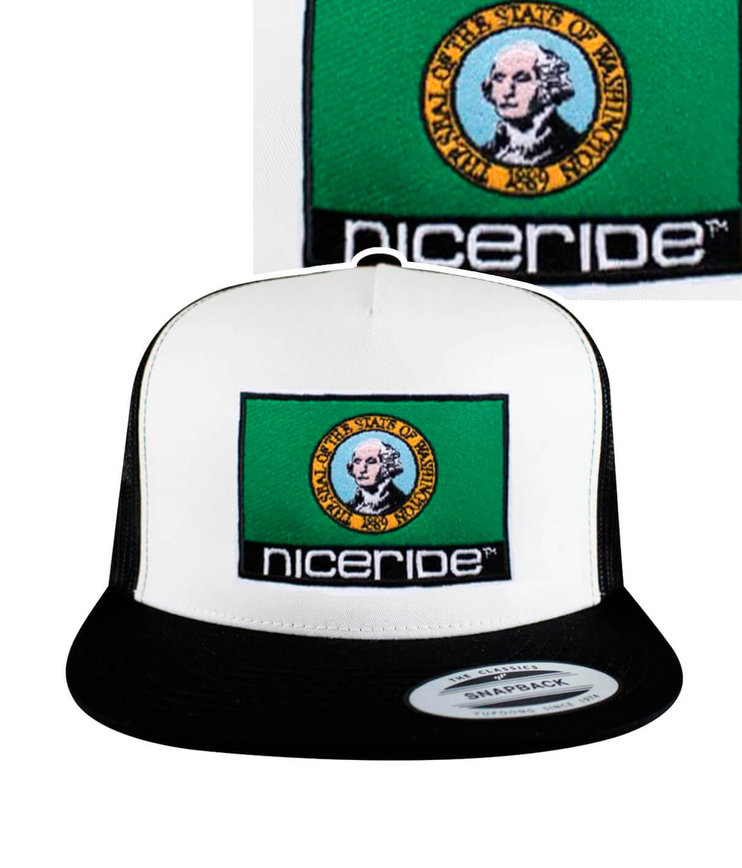Washington Flag Trucker Hat with NICERIDE embroidery, ideal for outdoor activities and casual wear.