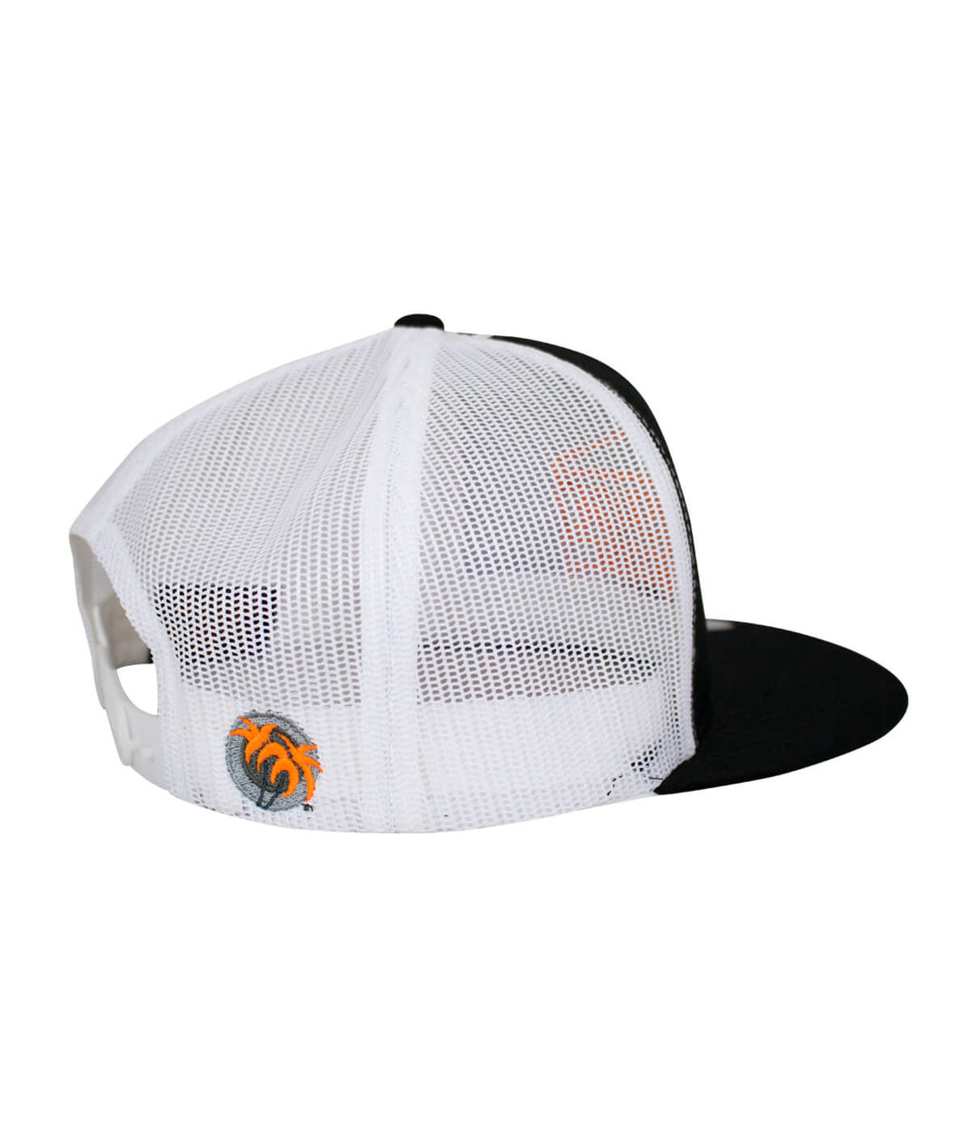 Side view of Good Times trucker hat showcasing black front and mesh back with embroidered palm logo.