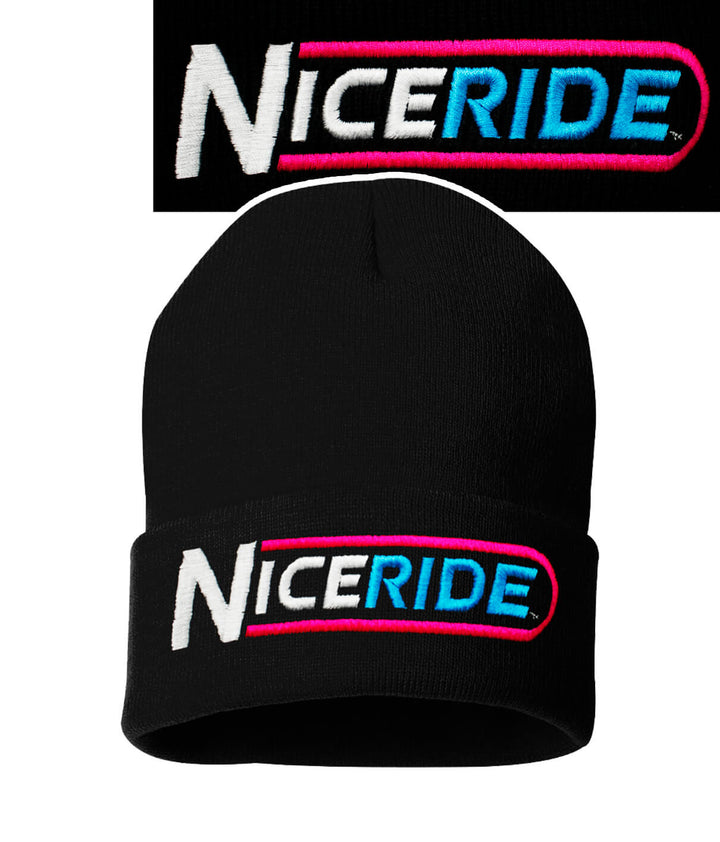 Black beanie featuring NicRide logo embroidered on the front, perfect for style and warmth.