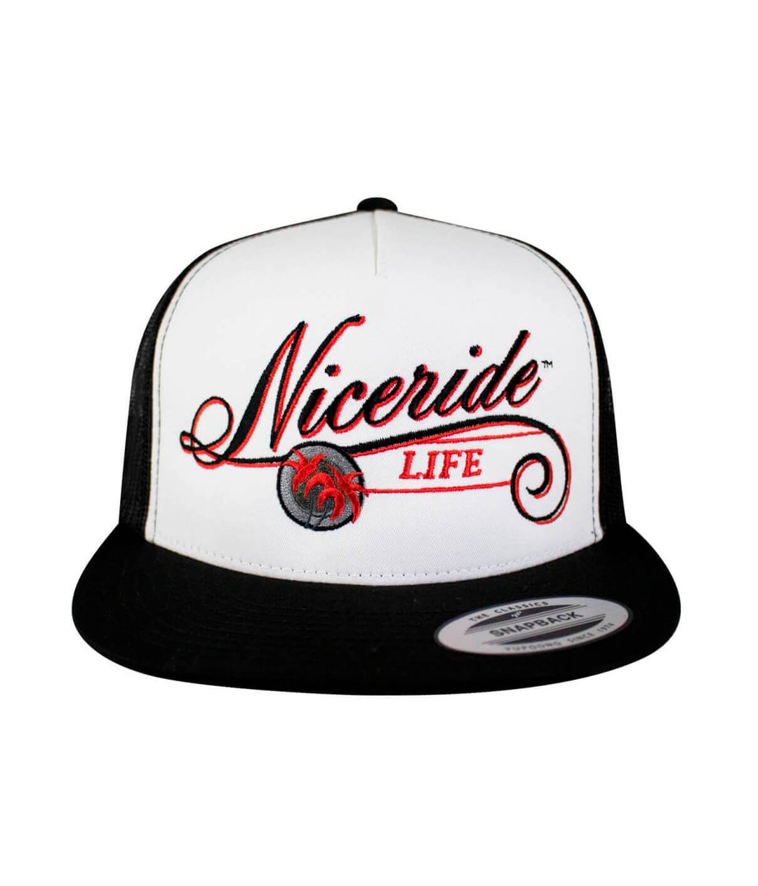 The LIFE - Red trucker hat featuring embroidered Niceriide design and black palm logo.