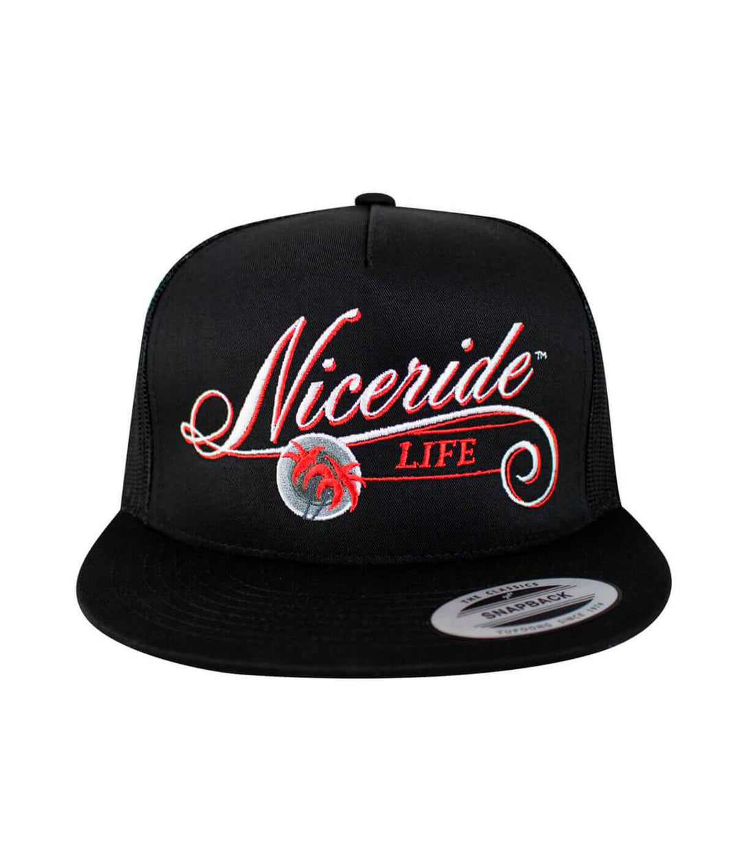 The LIFE - Red trucker hat featuring NICERIDE embroidered logo on the front and palm logo on the back.