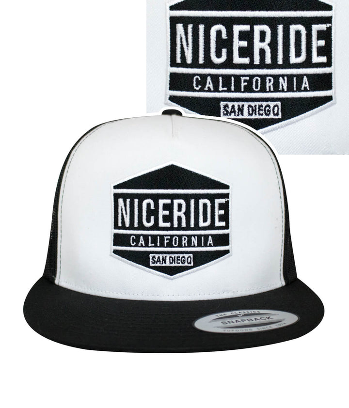 Good Times Trucker Hat featuring NICERIDE design and palm logo, a stylish hat for casual wear.