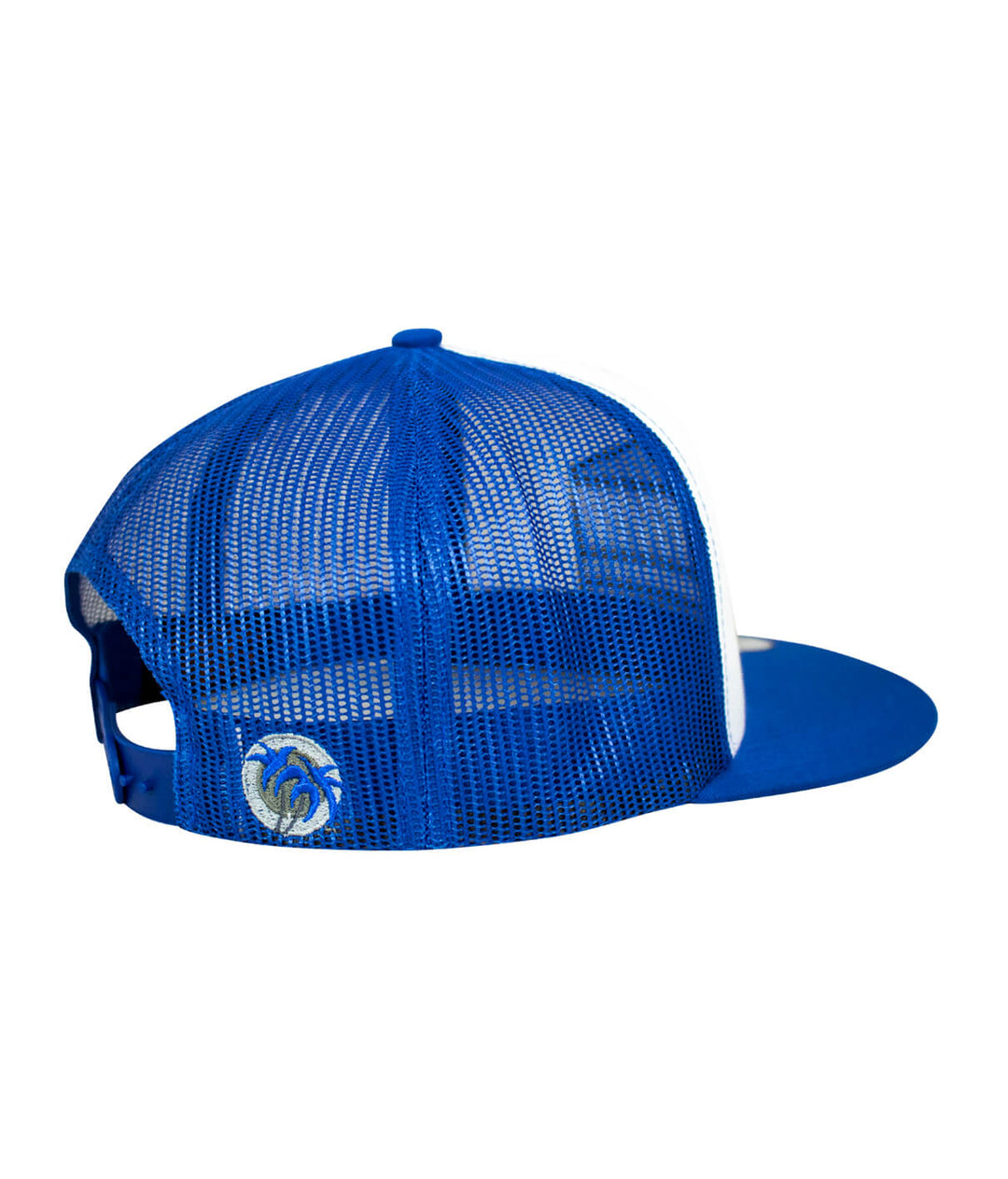 Back view of a blue and white trucker hat featuring NICERIDE&