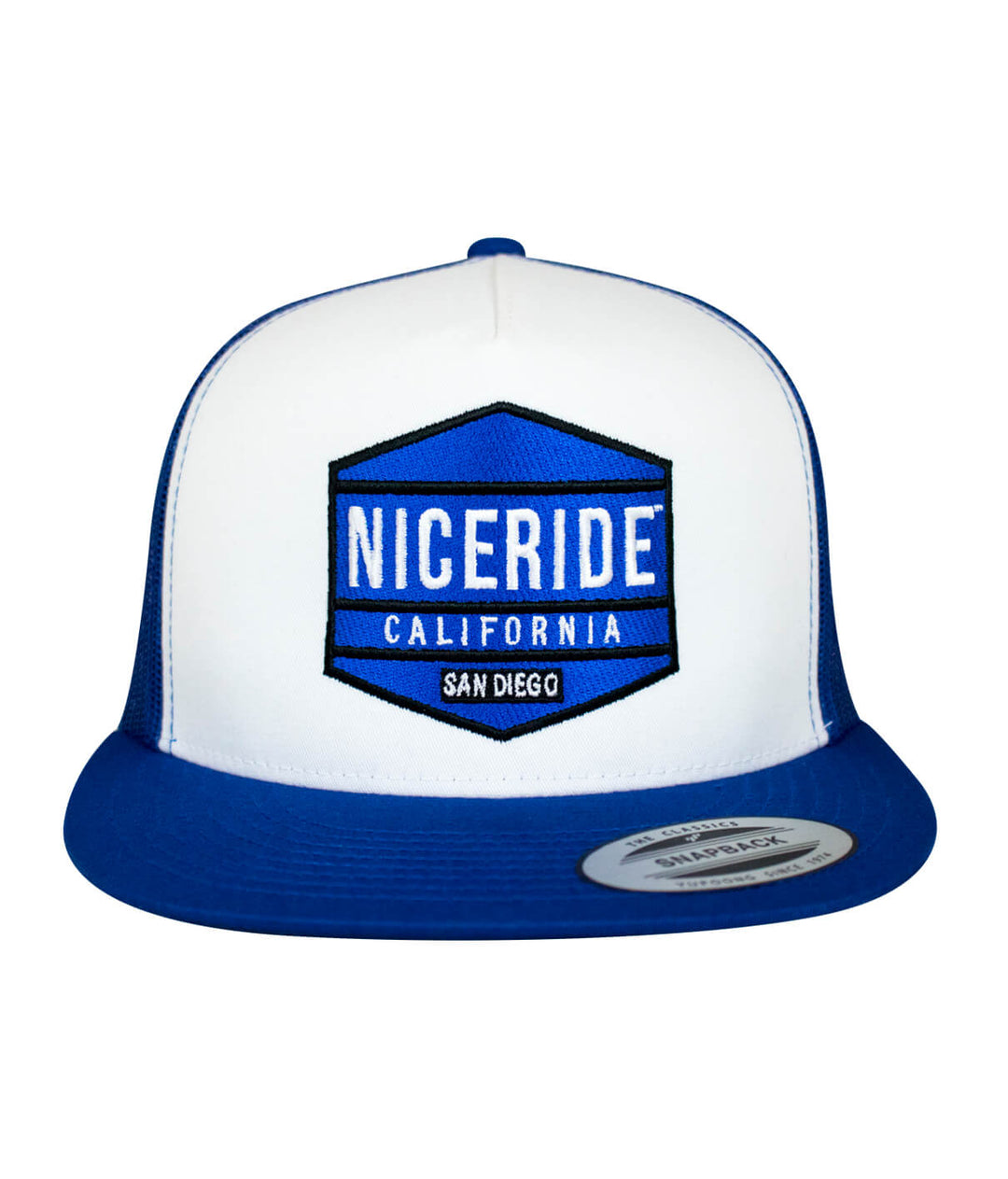 NICERIDE California blue and white hat with embroidered logo, perfect for casual wear and outdoor activities.