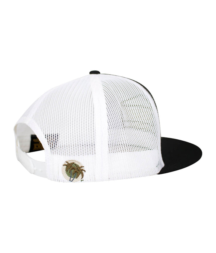 Back view of a white mesh trucker hat with black brim and palm logo, featuring a classic snapback design.