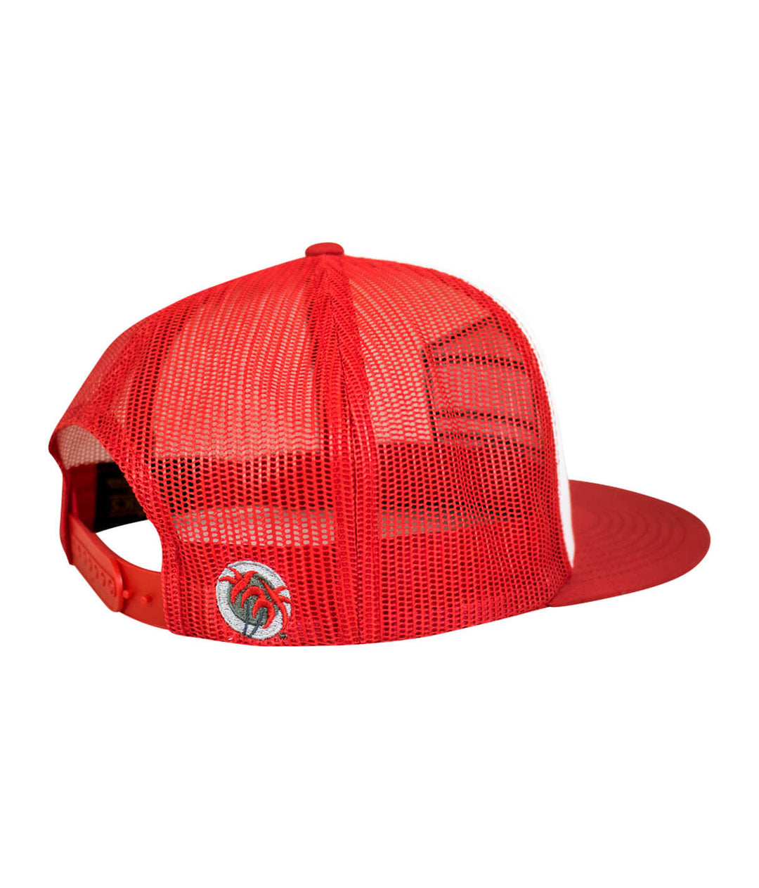 Red trucker hat with mesh back and embroidered logo, part of the &