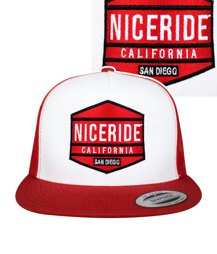 NICERIDE California snapback trucker hat featuring embroidered logo in red and white.