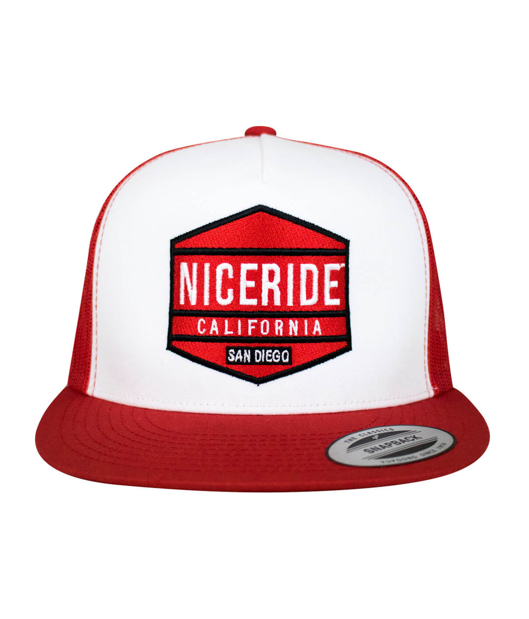 Good Times Trucker Hat featuring NICERIDE design, classic snapback style, red and white colors.