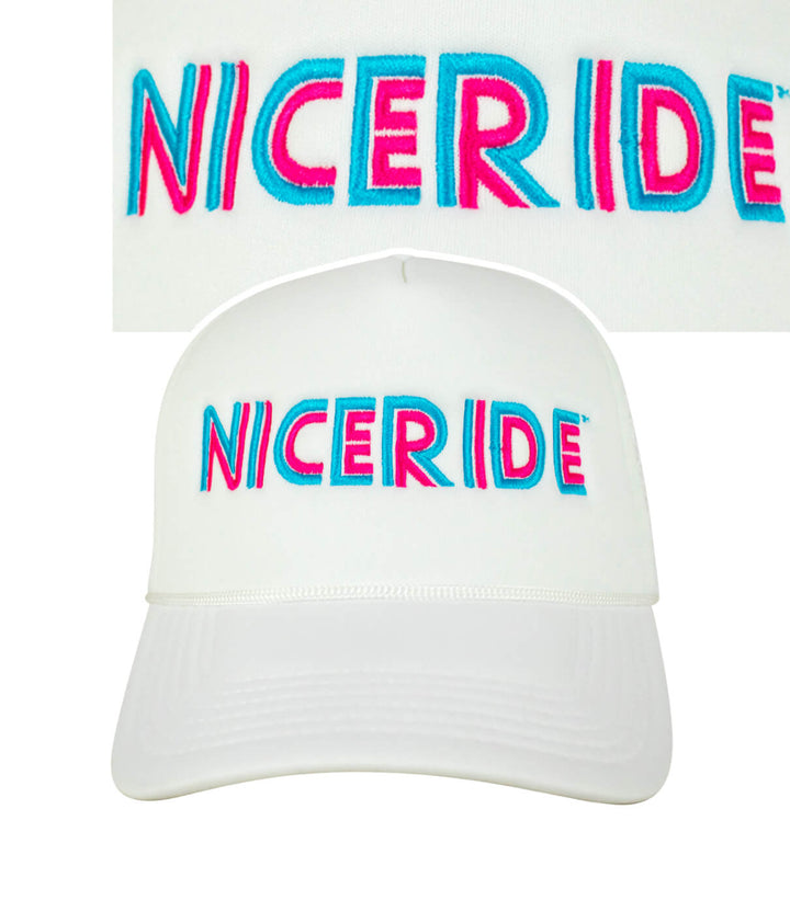 White foam trucker hat with NICERIDE embroidered in vibrant colors on the front, showcasing the hat&
