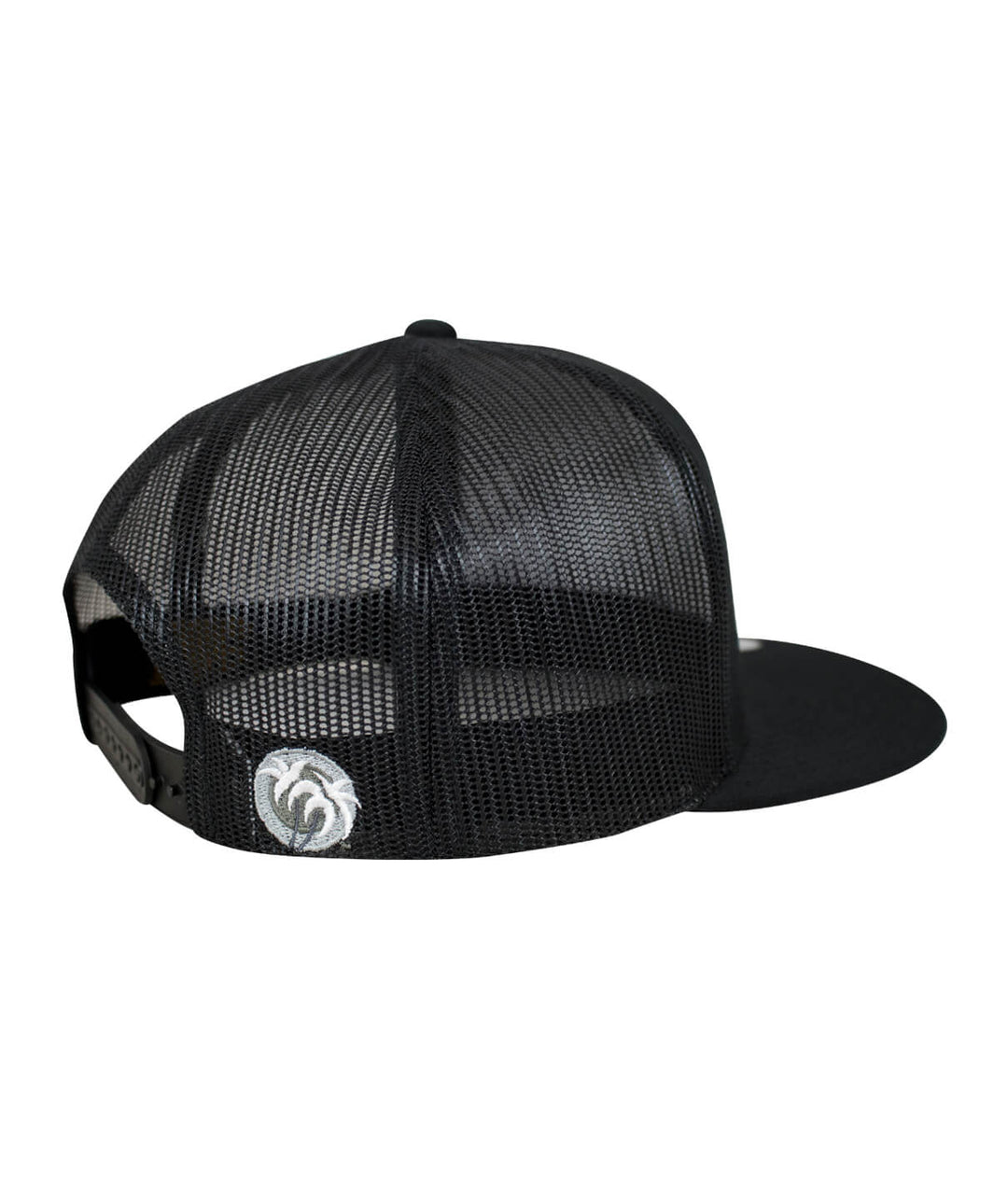 Back view of the Good Times Trucker Hat featuring a black mesh design and palm logo embroidery.