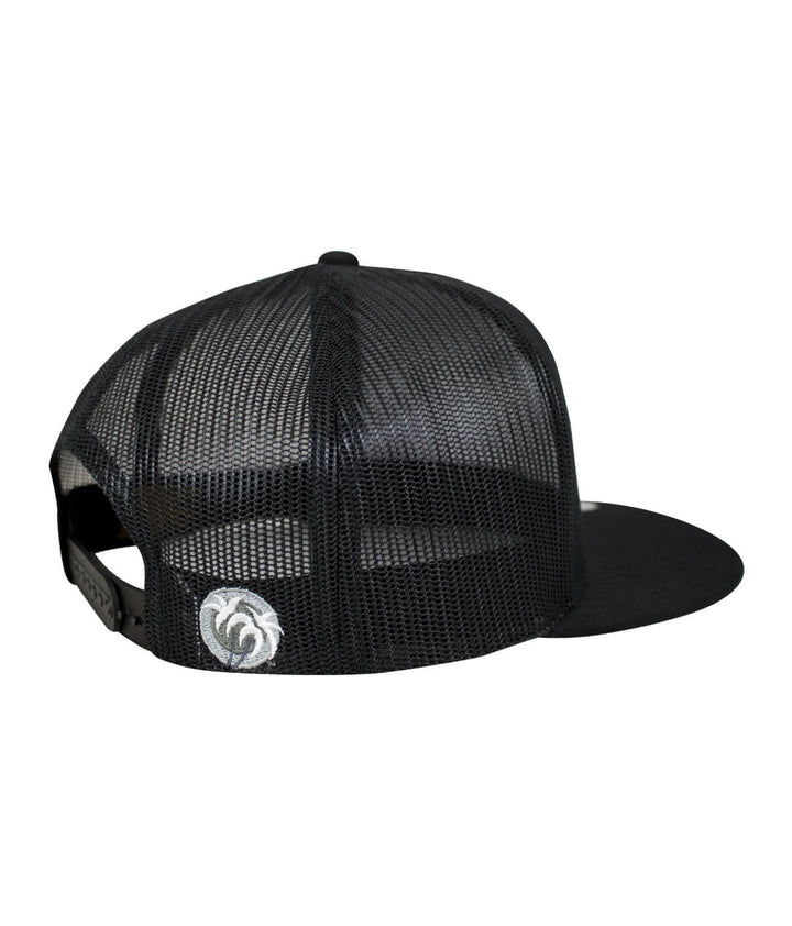 Back view of the Good Times Trucker Hat featuring a black mesh design and palm logo embroidery.