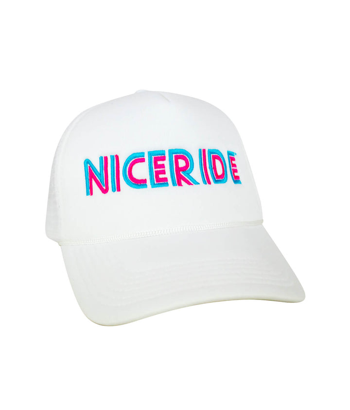 Disco Foam Trucker Hat featuring NICERIDE embroidered on the front, perfect hat for casual outings.