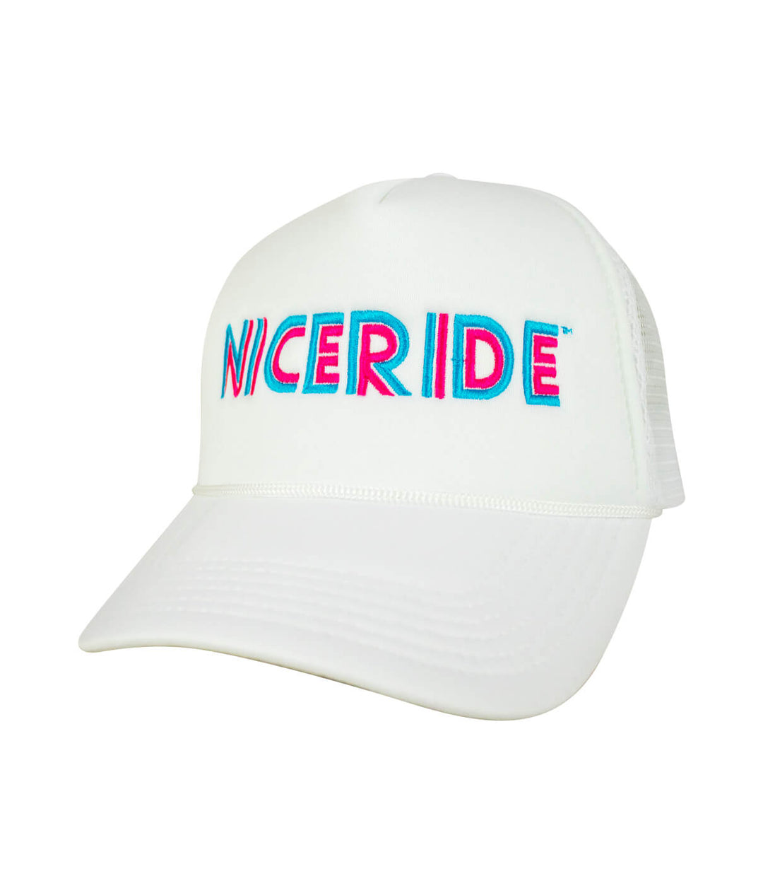 White Foam Trucker Hat with NICERIDE embroidered logo, designed for comfort and style, perfect summer accessory. Hat.