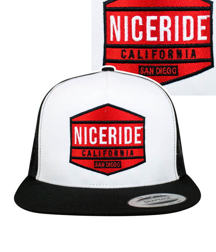 Good Times Trucker Hat, NICERIDE California snapback hat with red and black design, stylish baseball cap.