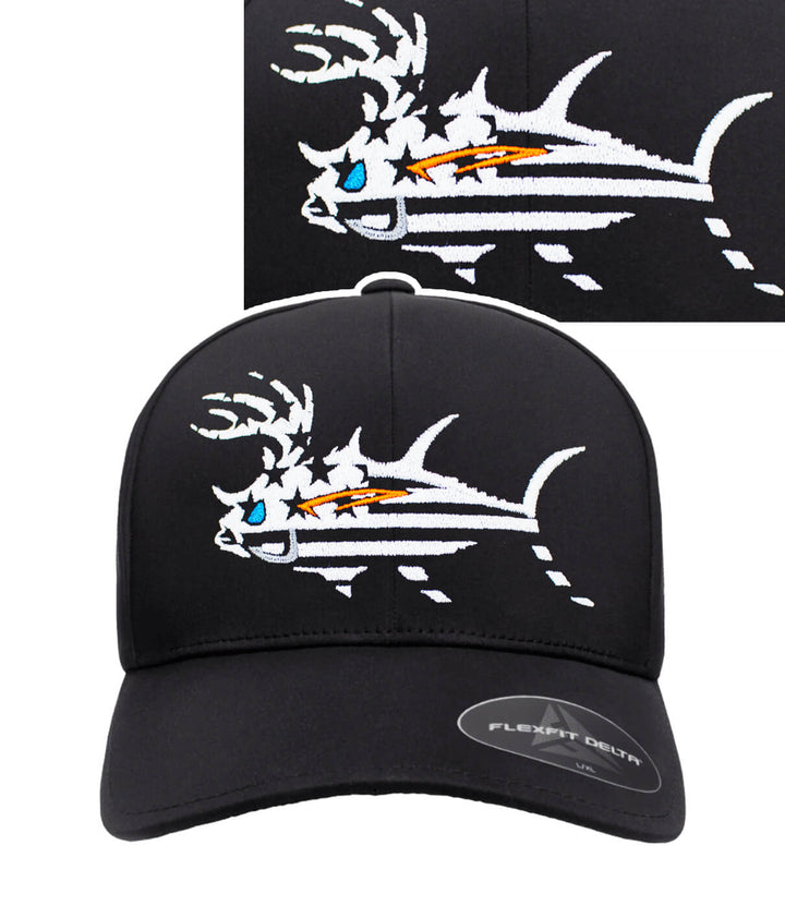A black and camouflage cap with a glow in the dark fish embroidered on it.