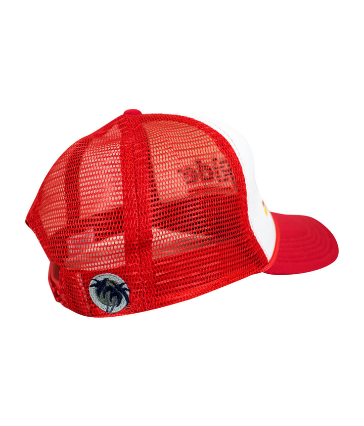 Back view of the Low Tide Foam Trucker Baseball Hat featuring classic palm embroidery and mesh design.