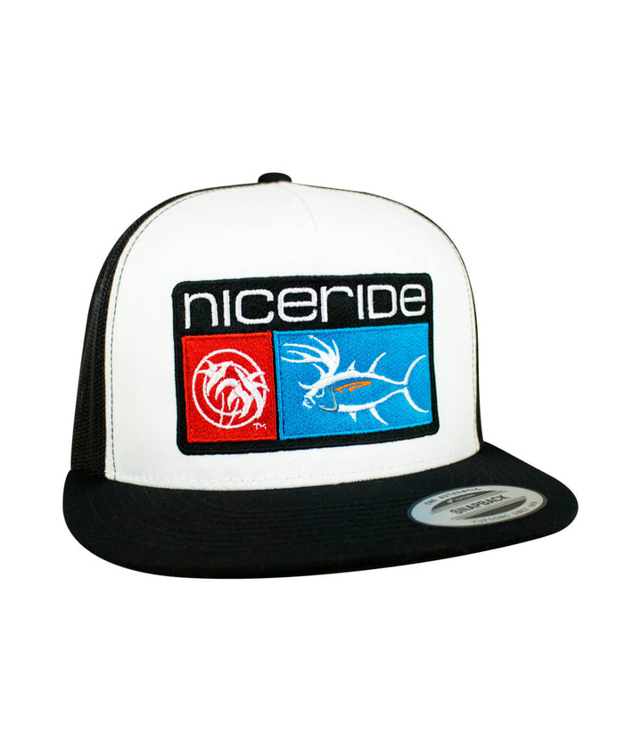 NICERIDE Buck-Eye Combo Unisex Snapback Trucker Hat in Black/White with bold embroidered design