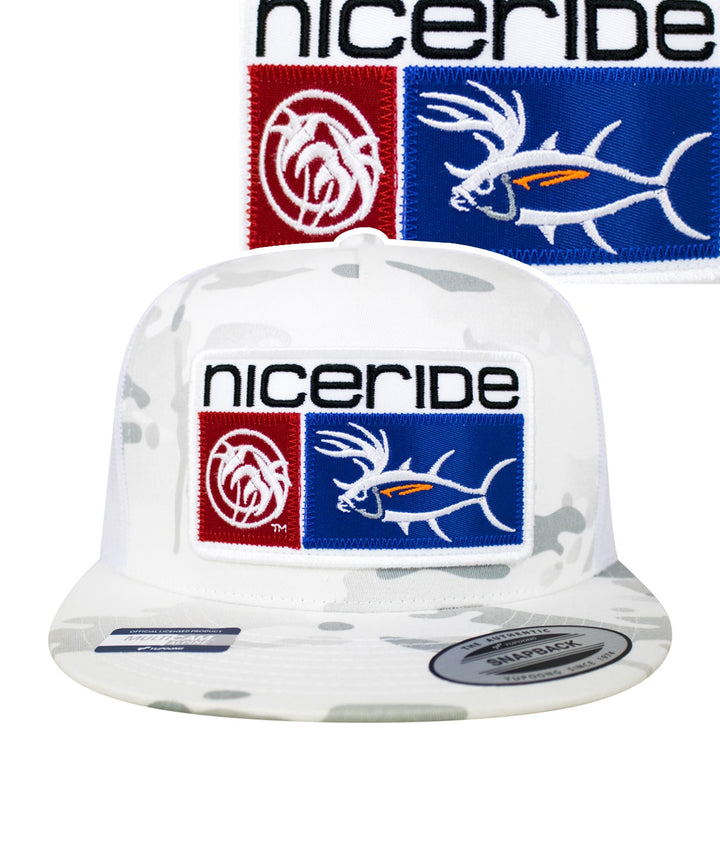 Buck-Eye Combo Patch unisex snapback trucker hat featuring NICERIDE logo and embroidered fish designs.