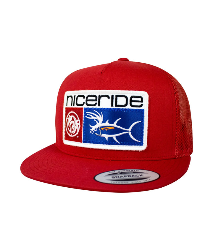 Red unisex snapback trucker hat featuring NICERIDE&