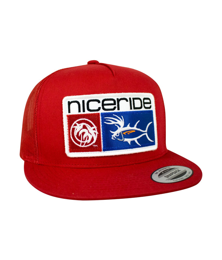 Red Buck-Eye Combo Patch snapback trucker hat by NICERIDE with embroidered logos on the front panel.