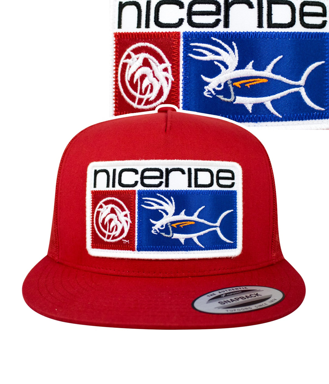 Red unisex snapback trucker hat featuring NICERIDE&