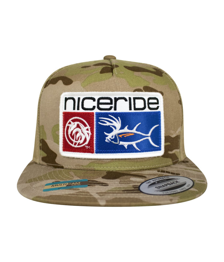 Buck-Eye Combo Patch unisex snapback trucker hat with camo design and embroidered logos from NICERIDE.