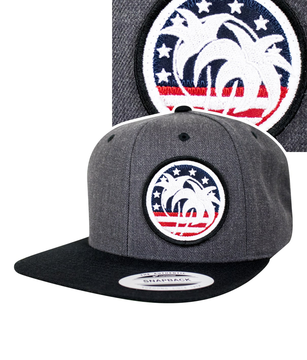 Flatbill snapback hat featuring the 'Spirit of 76' patch with palm trees and Americana design.