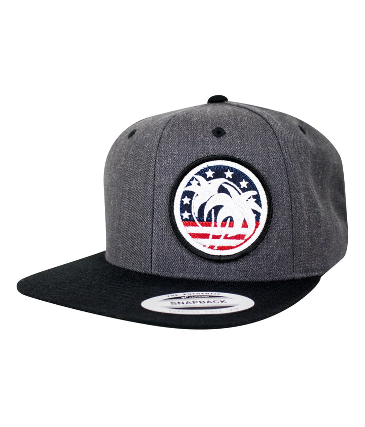 Spirit of 76 Flatbill Snapback Hat with palm tree design and patriotic colors