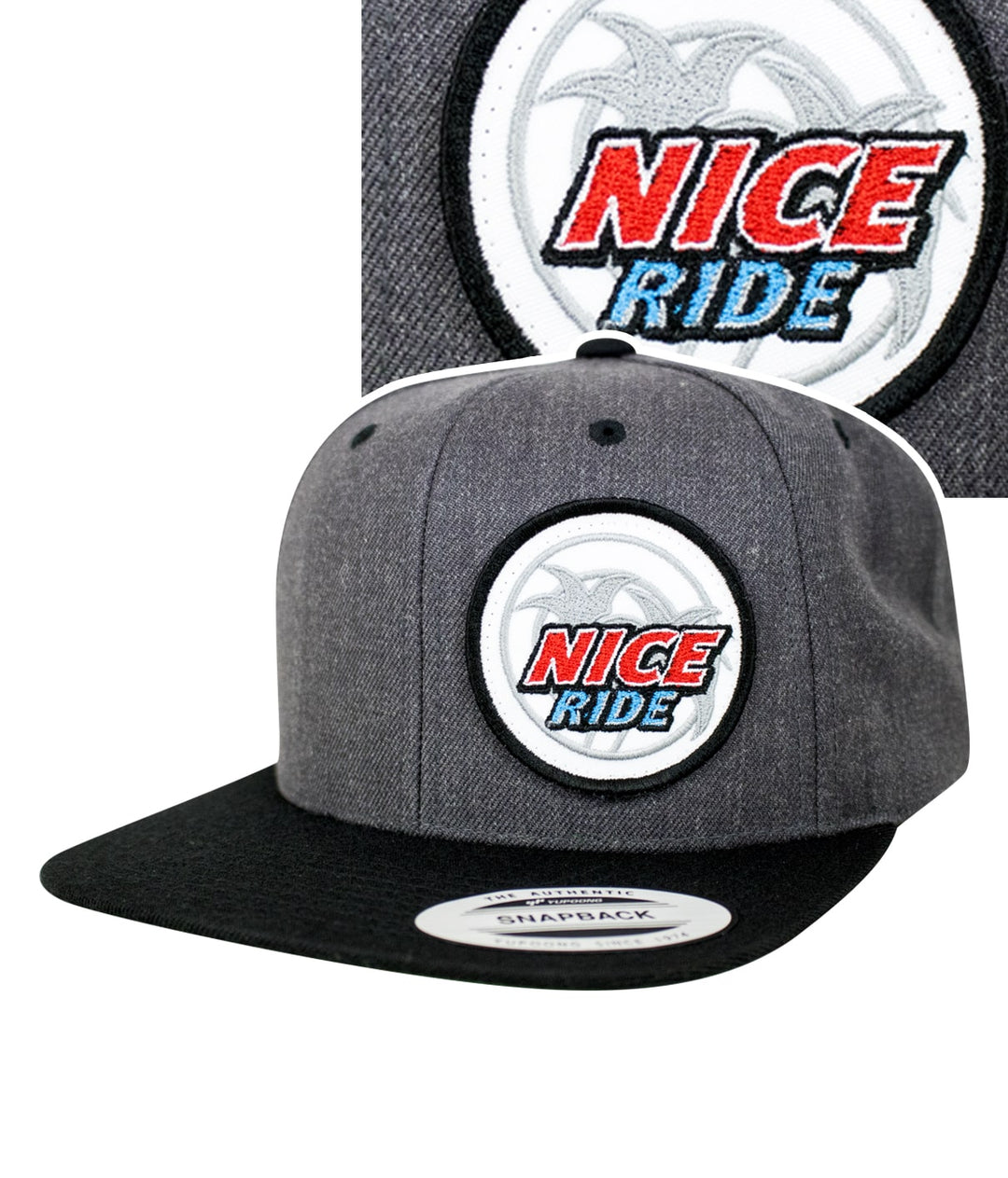 Choo Choo Patch flatbill snapback hat with NICERIDE logo, gray and black design, premium style and comfort.