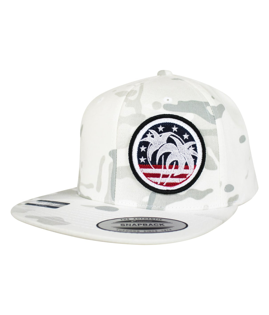 White camo flatbill snapback hat with palm tree and striped circular patch design.