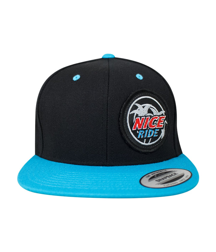 NICERIDE Choo Choo Patch black and blue flatbill snapback hat featuring embroidered logo on front.