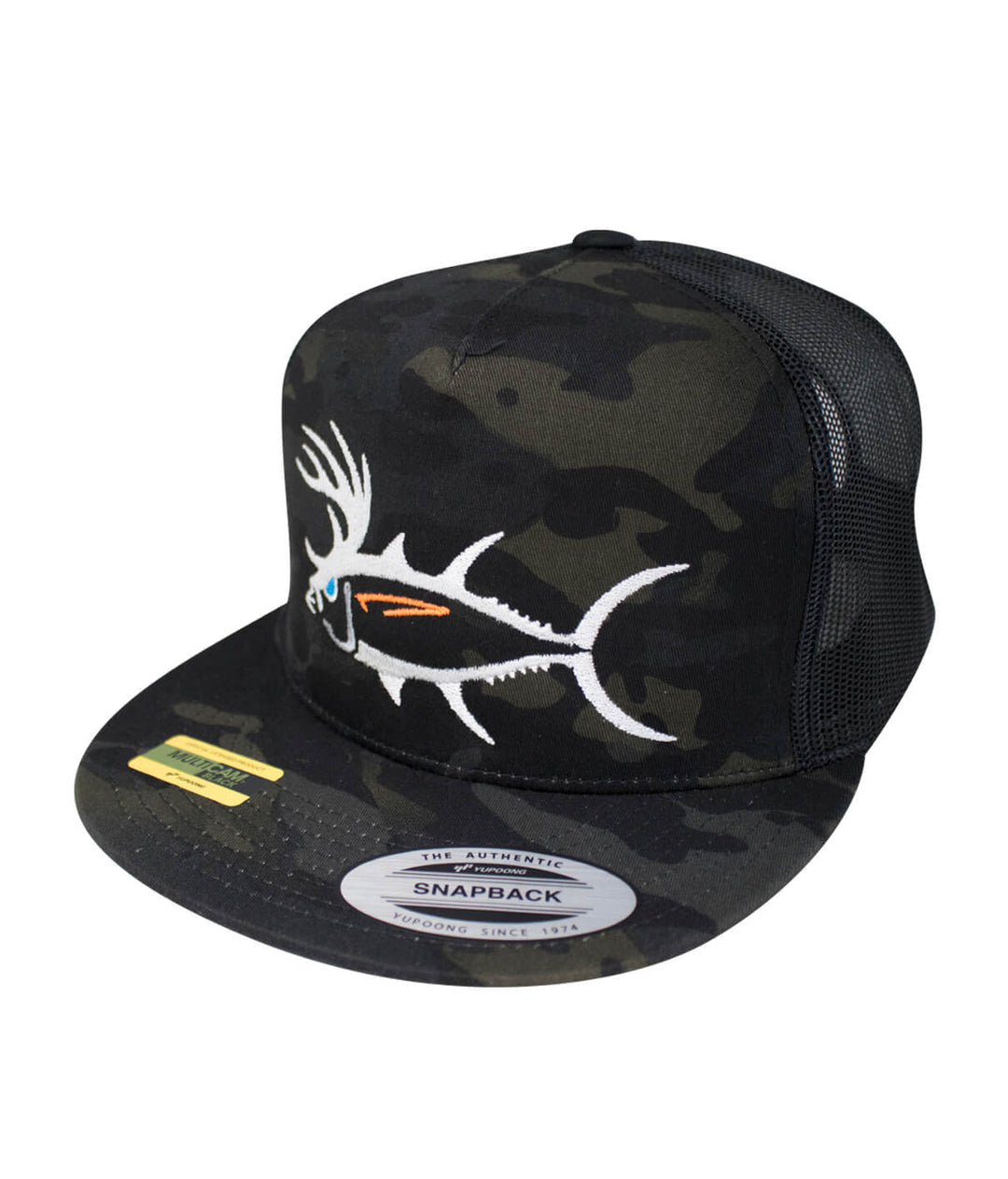 Buck-Eye Unisex Trucker Hat featuring camouflage design and embroidered fish logo, perfect fishing hat for outdoor activities.