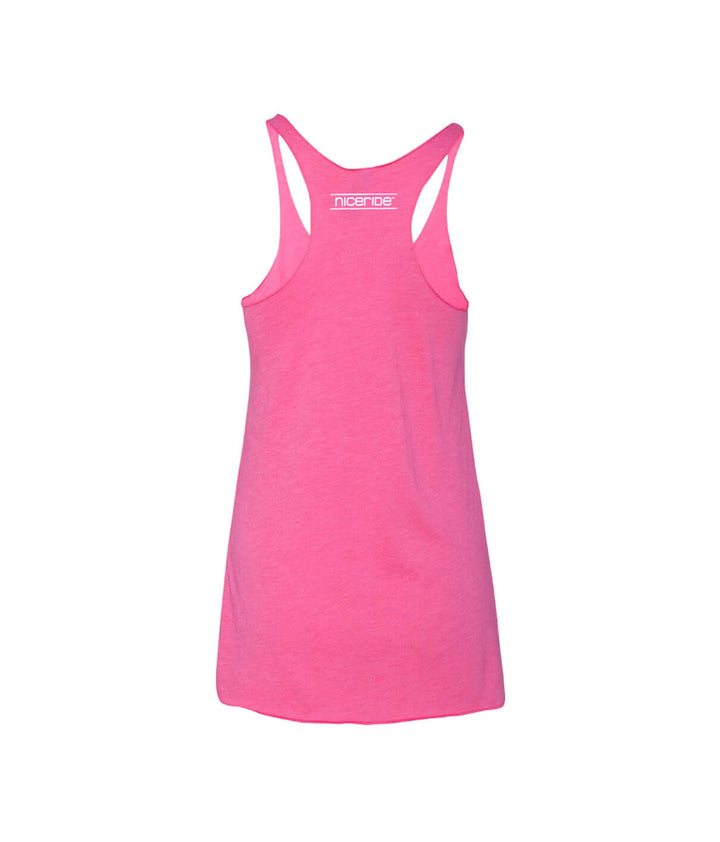 Back view of Influencer pink tank with racerback style, made from ultra-soft tri-blend fabric.