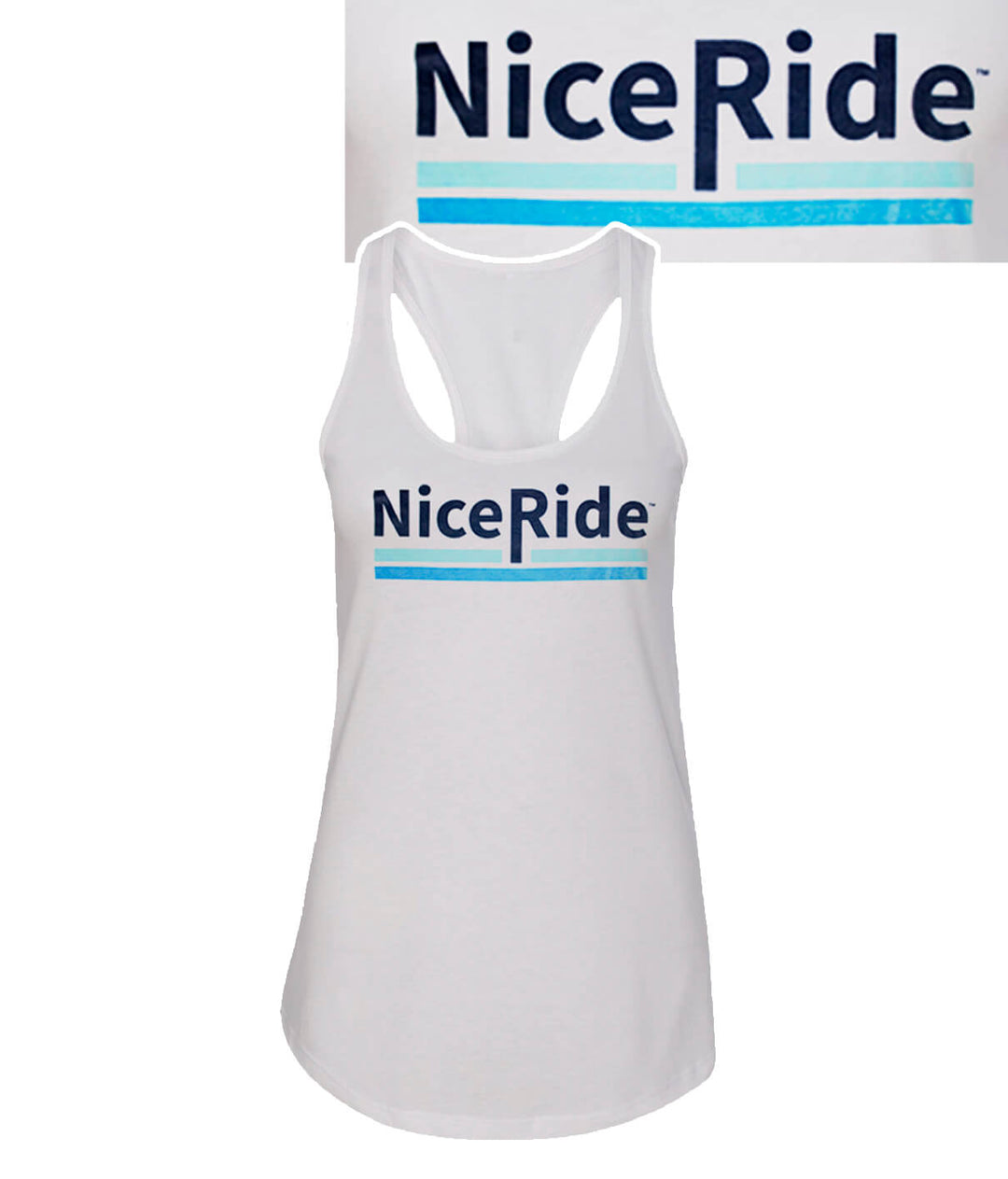 Low Tide - White Next Level Women's Racerback Tank Top featuring NICERIDE logo design.