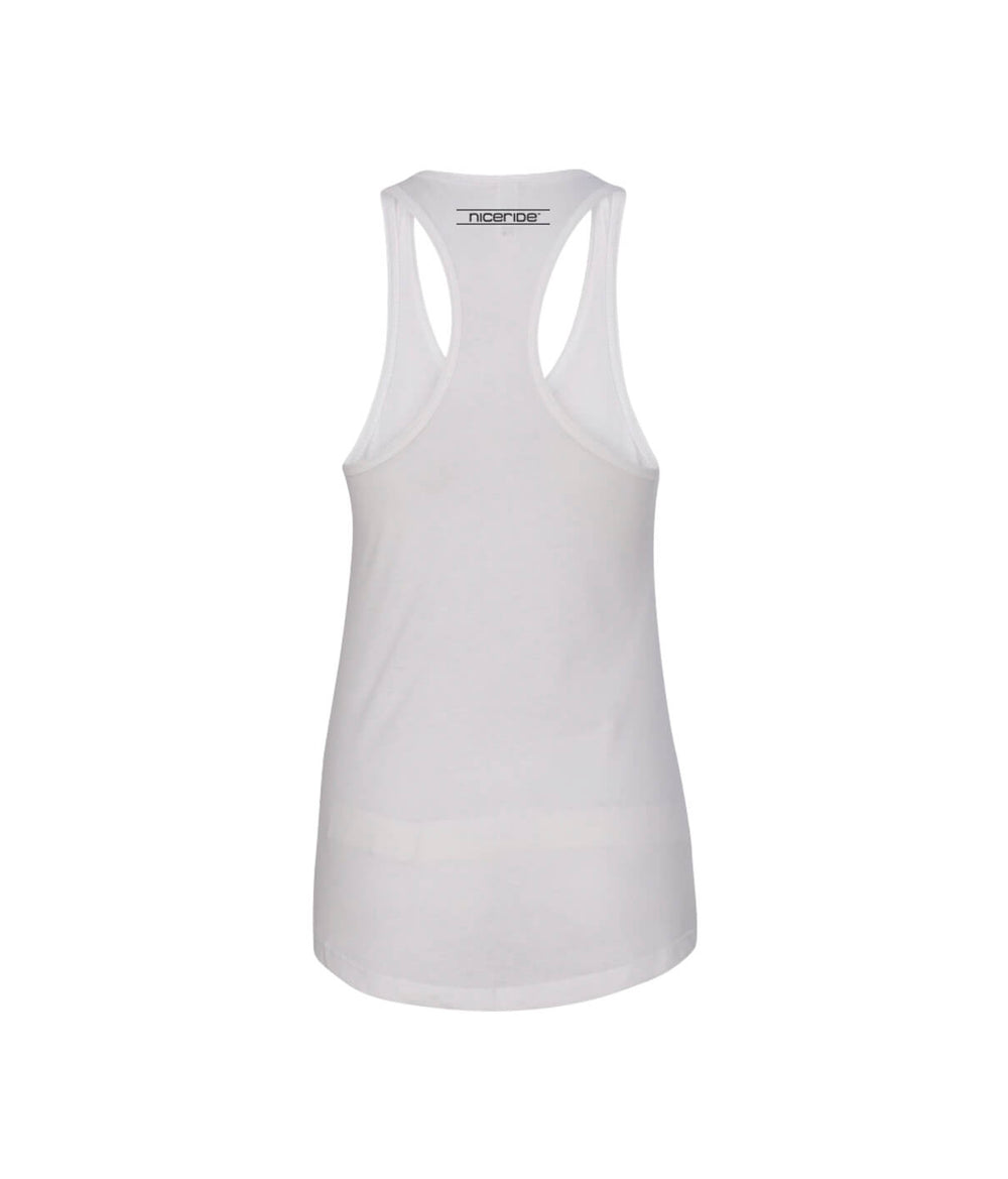 Back view of Low Tide - White Next Level Women's Racerback Tank Top showcasing fitted design and racerback style.
