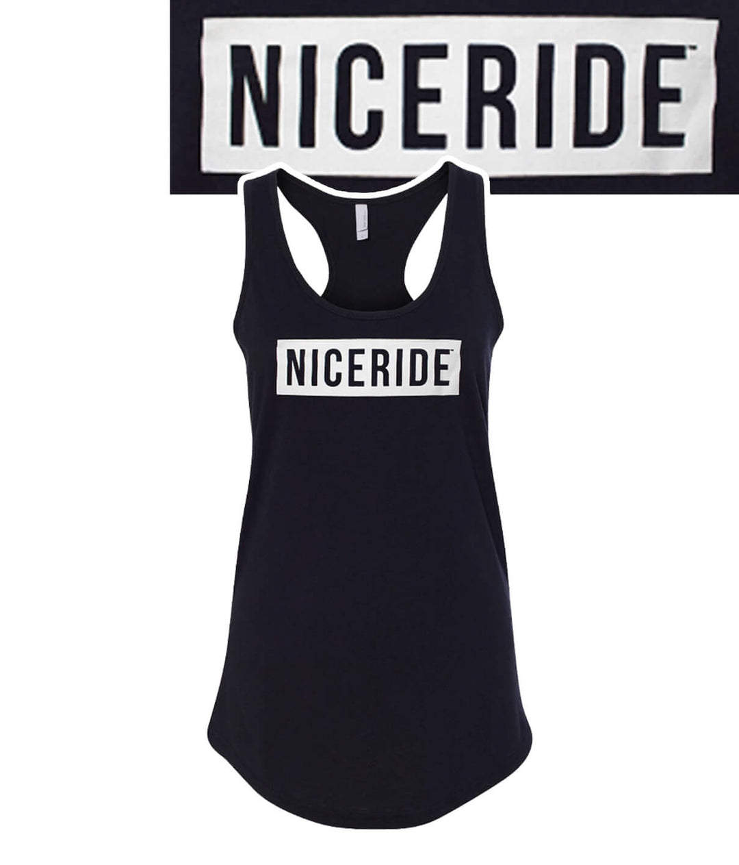 Influencer black tank top featuring NICERIDE design, a comfortable racerback fit for women.