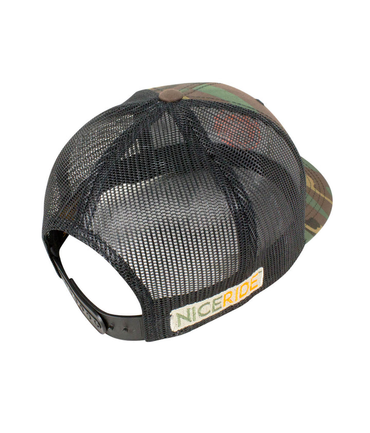 Back view of Palm Socket hat, a retro trucker hat featuring NICERIDE logo and mesh material.