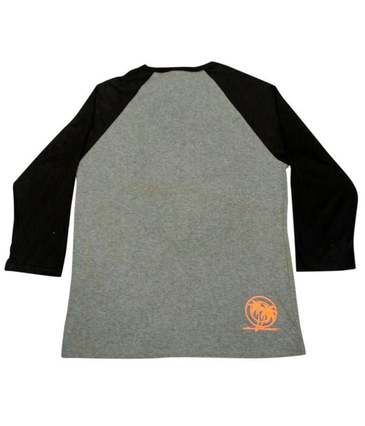 The Finch t-shirt featuring gray body and black sleeves, back view with NICERIDE logo on the right hip, comfortable unisex fit.