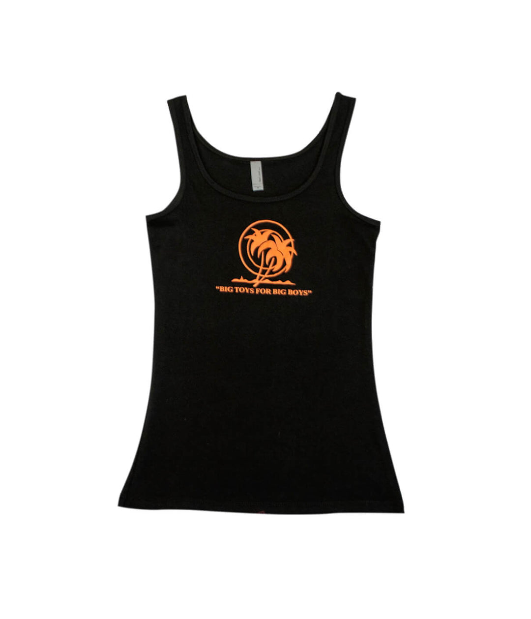 The Hills women's tank top featuring 'Big Toys for Big Boys' in orange on a black background, perfect for summer activities.