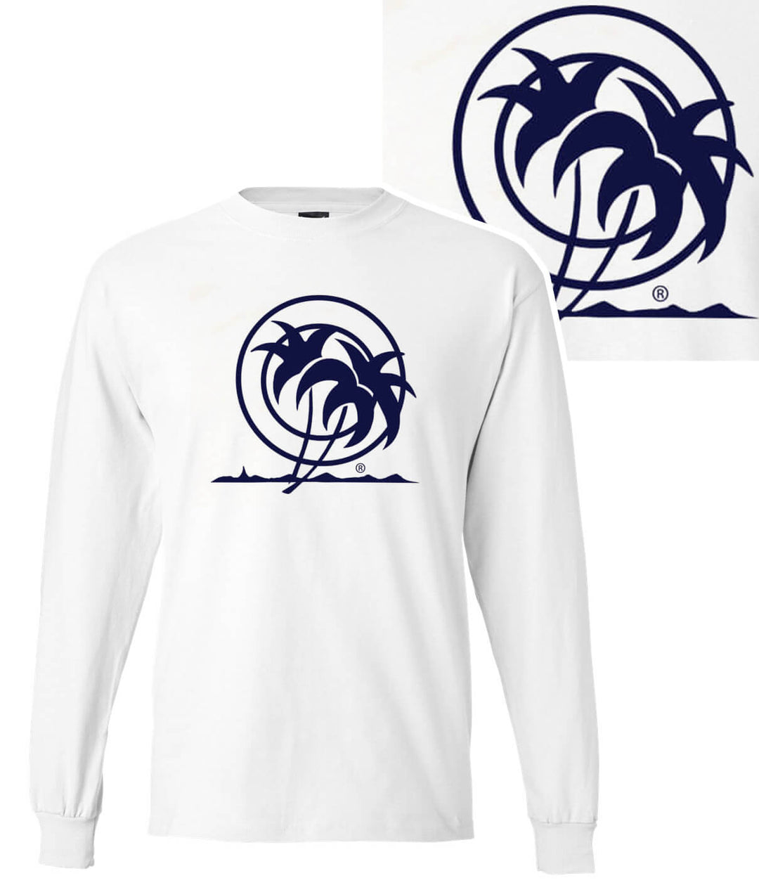 Classic Palm white Hanes long sleeve men's cotton t-shirt featuring palm tree logo design, perfect for outdoor activity, t-shirt