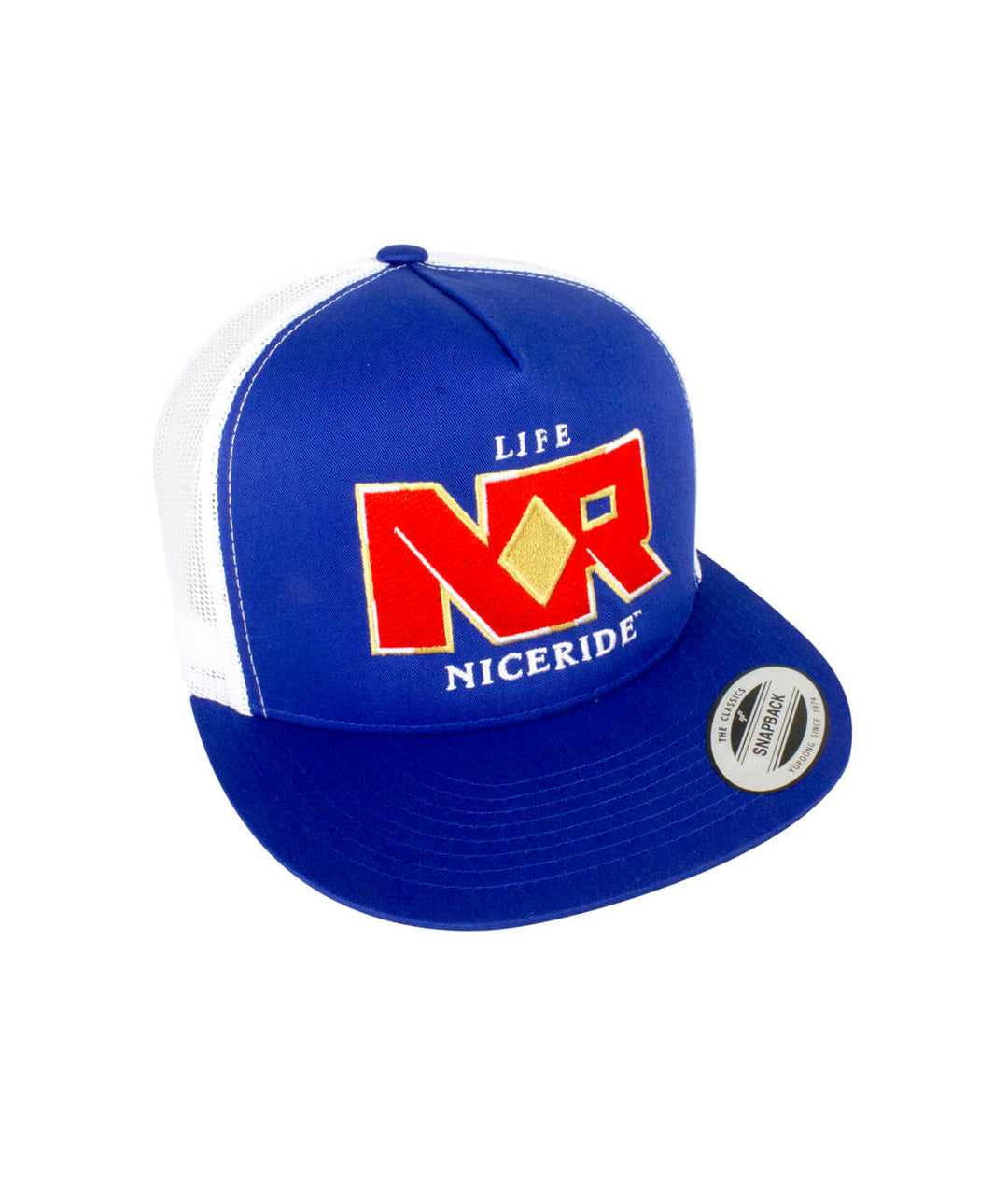 Interesting Trucker Hat by NICERIDE, Classic Snapback baseball cap in blue and white with embroidered design.