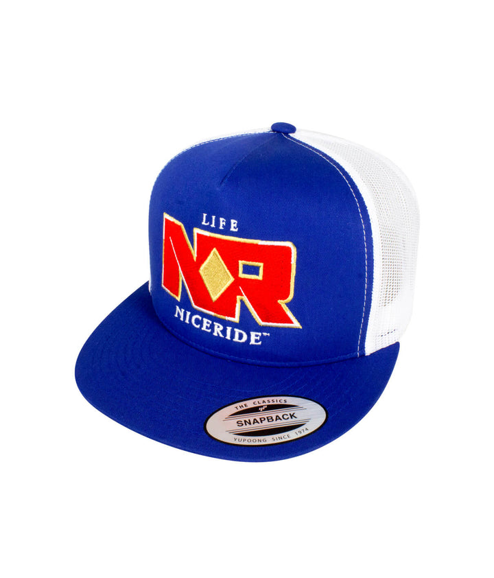 NICERIDE 6006 Classic Snapback Trucker Hat with embroidered logo design, blue and white hat.